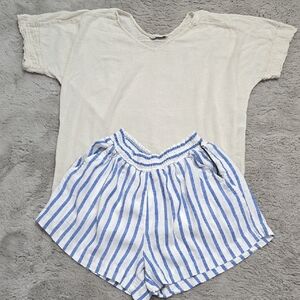 Striped Blue and White Shorts with Cream Top set